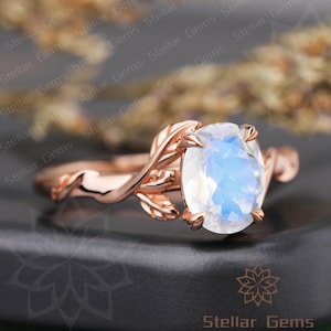Oval Natural Moonstone Leaf Engagement Ring Handmade rose gold ring Art Deco Moonstone Anniversary Ring For her Dainty Nature Inspired Ring