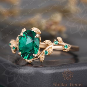 Vintage Lab Created Emerald 10K Rose Gold Engagement Ring Art Deco Nature Inspired Leaf Wedding Ring Gift For Women Promise Moissanite Ring image 3