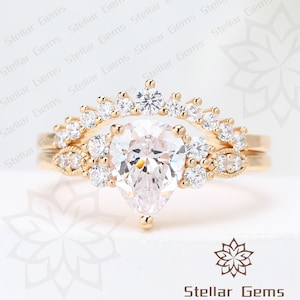 925 Sterling Silver Pear Cut Moissanite Engagement Ring Set Handmade Art Deco Wedding Ring Set For Her Moissanite Promise Anniversary Ring