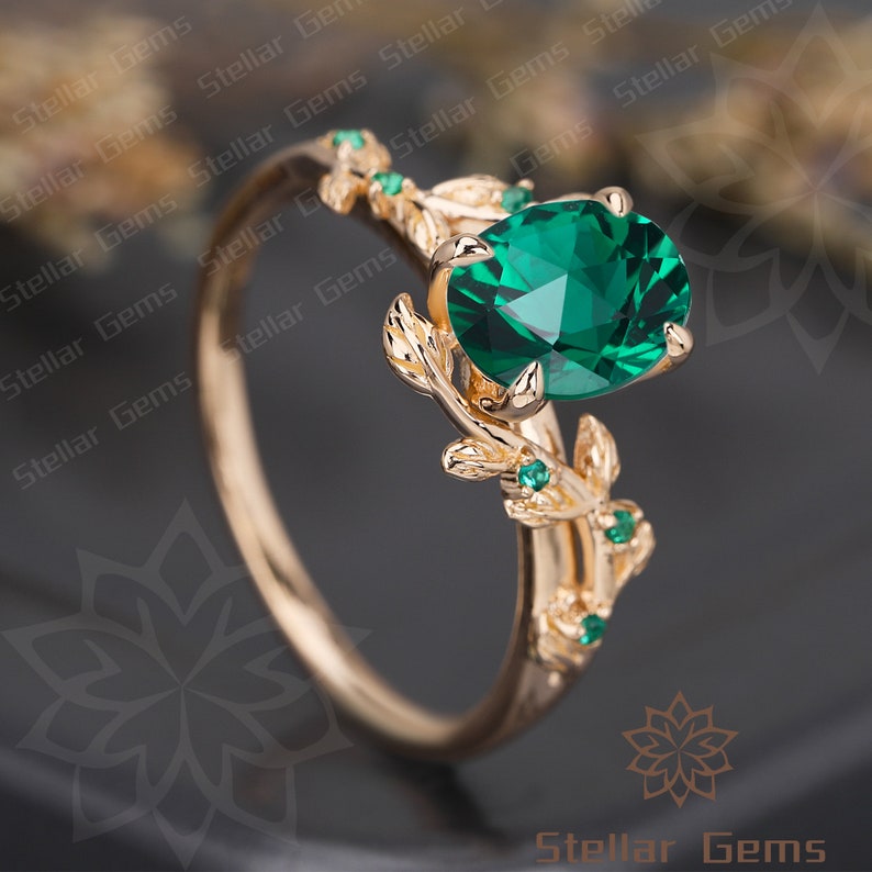 Vintage Lab Created Emerald 10K Rose Gold Engagement Ring Art Deco Nature Inspired Leaf Wedding Ring Gift For Women Promise Moissanite Ring image 5