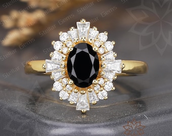 Unique Oval Cut 14K Rose Gold Natural Black Onyx Engagement Ring Vintage Art Deco Handmade Starburst Ring Exquisite Anniversary Ring For Her
