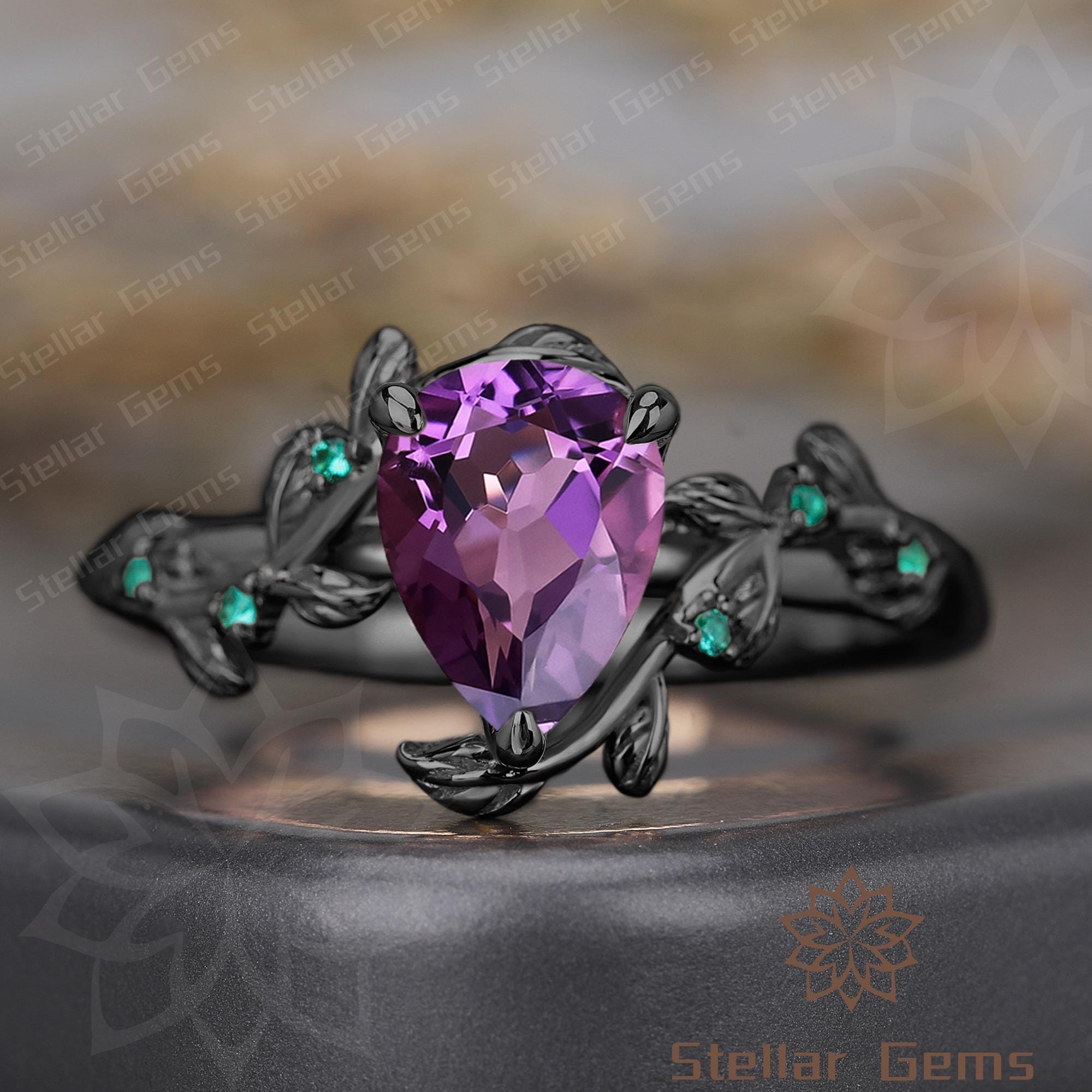 Pear Natural Amethyst 10K yellow gold Engagement Ring Vintage Emerald anniversary Ring Cluster Ring Natural Inspired Twig Ring Gift for her