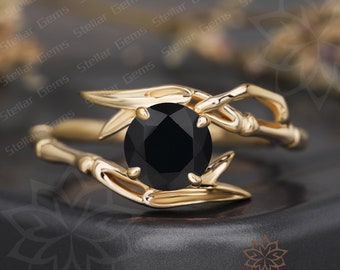 Round Natural Black Onyx Engagement Ring Unique 925 Sterling Silver Ring Handmade Art Deco Bamboo Ring Promise Anniversary Ring For Woman