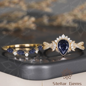 Galaxy Sandstone Ring Pear Blue Sandstone 10K Solid Gold Bridal Ring Nebula Ring Set Moon Moissanite Engagement Ring Unique Promise Ring Set image 2