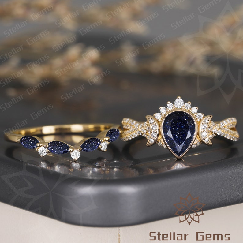 Galaxy Sandstone Ring Pear Blue Sandstone 10K Solid Gold Bridal Ring Nebula Ring Set Moon Moissanite Engagement Ring Unique Promise Ring Set image 2