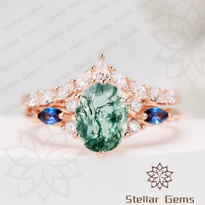 Vintage Oval Natural Moss Agate Engagement Ring Set Handmade Art Deco Moissanite Ring Unique Anniversary Wedding Ring Rose Gold Ring Set