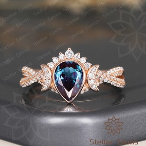 Unique Pear Lab Created Alexandrite Solid Gold Bridal Ring Handmade Cluster Round Moissanite Wedding Ring June Birthstone Ring For Women