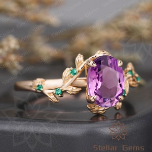Unique Oval Cut Natural Amethyst 10K Rose Gold Engagement Ring Handmade Art Deco Lab Created Emerald Promise Ring Nature Inspired Leaf Ring