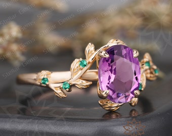 Unique Oval Cut Natural Amethyst 10K Rose Gold Engagement Ring Handmade Art Deco Lab Created Emerald Promise Ring Nature Inspired Leaf Ring