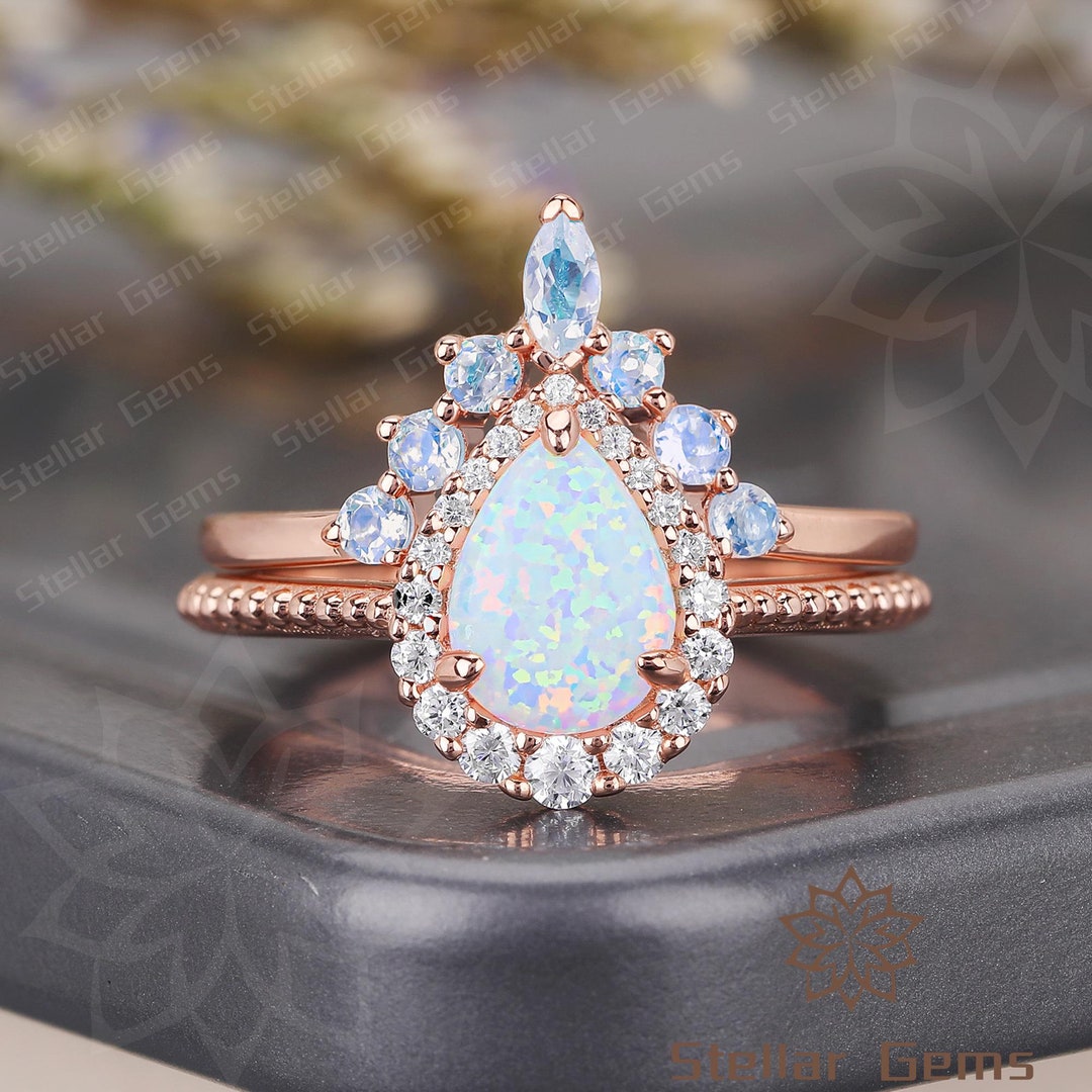 Pear Lab Created Opal 10K Solid Gold Engagement Ring Set V Shaped