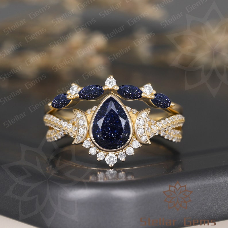 Galaxy Sandstone Ring Pear Blue Sandstone 10K Solid Gold Bridal Ring Nebula Ring Set Moon Moissanite Engagement Ring Unique Promise Ring Set image 1