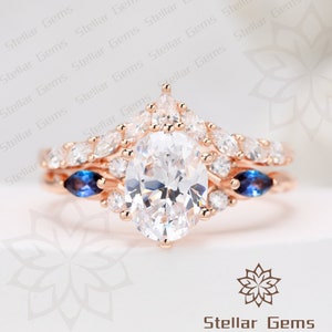 Vintage Oval Cut Moissanite 10K Rose Gold Engagement Ring Set Unique Lab Created Alexandrite Bridal Ring Set Exquisite Wedding Ring Set