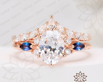 Vintage Oval Cut Moissanite 10K Rose Gold Engagement Ring Set Unique Lab Created Alexandrite Bridal Ring Set Exquisite Wedding Ring Set