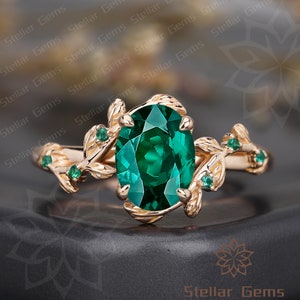 Vintage Lab Created Emerald 10K Rose Gold Engagement Ring Art Deco Nature Inspired Leaf Wedding Ring Gift For Women Promise Moissanite Ring image 4