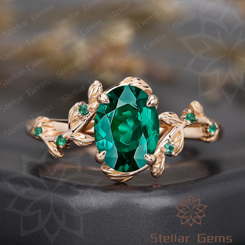 Vintage Lab Created Emerald 10K Rose Gold Engagement Ring Art Deco Nature Inspired Leaf Wedding Ring Gift For Women Promise Moissanite Ring image 4