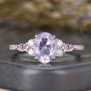 10k Solid Gold Oval Natural Lavender Amethyst Engagement Ring Art Deco Cluster moissanite Anniversary Ring For Her Dainty purple gemstone