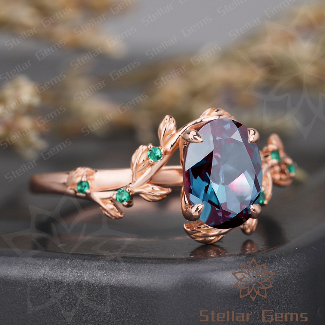 Oval Lab Created Alexandrite Engagement Ring Handmade Moissanite Solid ...