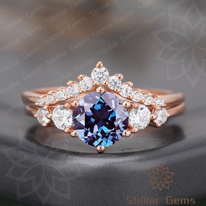 Lab Created Alexandrite Engagement Ring Set Dainty Round Moissanite Shaped Vintage Rose Gold Cluster Ring Set Unique Wedding Ring For Women