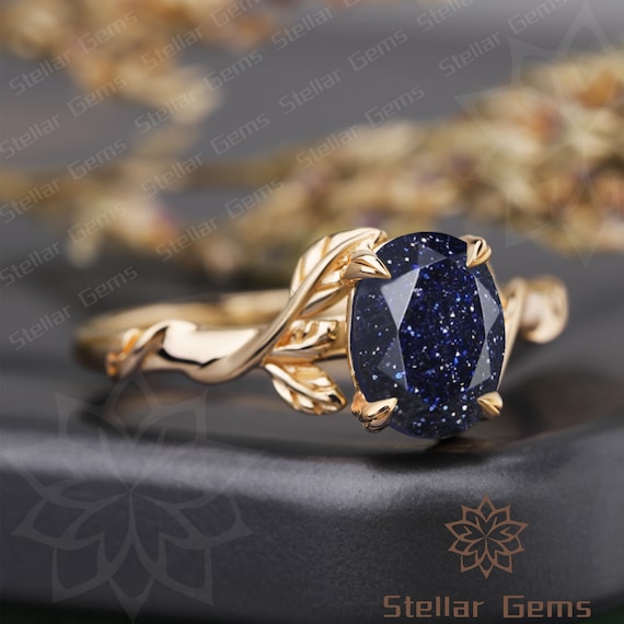 Oval Galaxy Blue Sandstone Ring 10k yellow gold Engagement Ring Solitaire Ring Art Deco Anniversary Ring For Her Unique Nature Inspired Ring