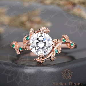 Unique Round Moissanite Rose Gold Engagement Ring Nature Inspired Ring Art Deco Promise Ring Leaf Emerald Branch Anniversary Ring For Women