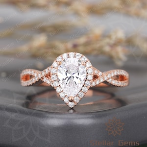 Twisted Ring Pear Moissanite Sterling Silver Engagement Ring Vintage Moissanite Cluster Ring Unique Moissanite Anniversary Ring For her