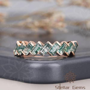 Einzigartige Baguette geschnitten natürliche Moosachat Rose Gold Verlobungsring handgemachte Art-Deco-halbe Ewigkeit Versprechen Ring für ihren zierlichen Ehering