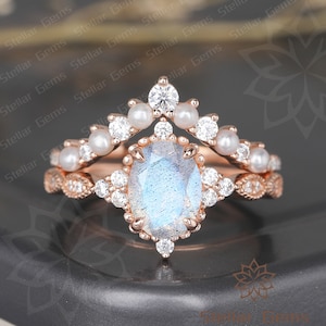 Vintage Oval Cut Natural Labradorite 925 Sterling Silver Engagement Ring Unique Natural Pearl Promise Wedding Ring Dainty Moissanite Ring