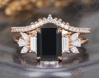 Bridal Ring Emerald Cut Black Onyx Engagement Ring Dainty 10K Rose