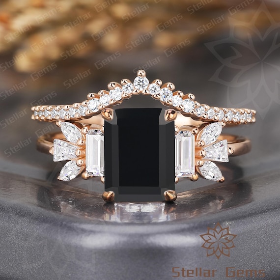 Bridal Ring Emerald Cut Black Onyx Engagement Ring Dainty 10K Rose