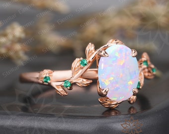Unique Oval Lab Created Opal Engagement Ring Handmade Moissanite 10K Rose Gold Ring Art Deco Nature Inspired Leaf Floral Wedding Ring gift