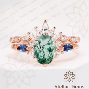 Ensemble de bagues de fiançailles ovales en agate de mousse naturelle Art déco Moissanite Cluster Bague de mariée en argent sterling Alexandrite Promise Anniversary Ring Set
