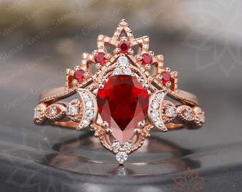 Vintage Pear Lab Created Ruby 10K Solid Gold Bridal Ring Set Unique Art Deco Ruby Anniversary Wedding Ring Round Moissanite Ring For Women