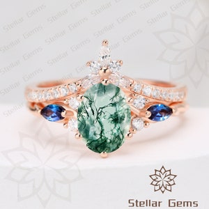 Bague de fiançailles ovale en agate de mousse naturelle, ensemble Art déco unique, bague de promesse en alexandrite créée en laboratoire pour son cadeau exquis de bague en moissanite