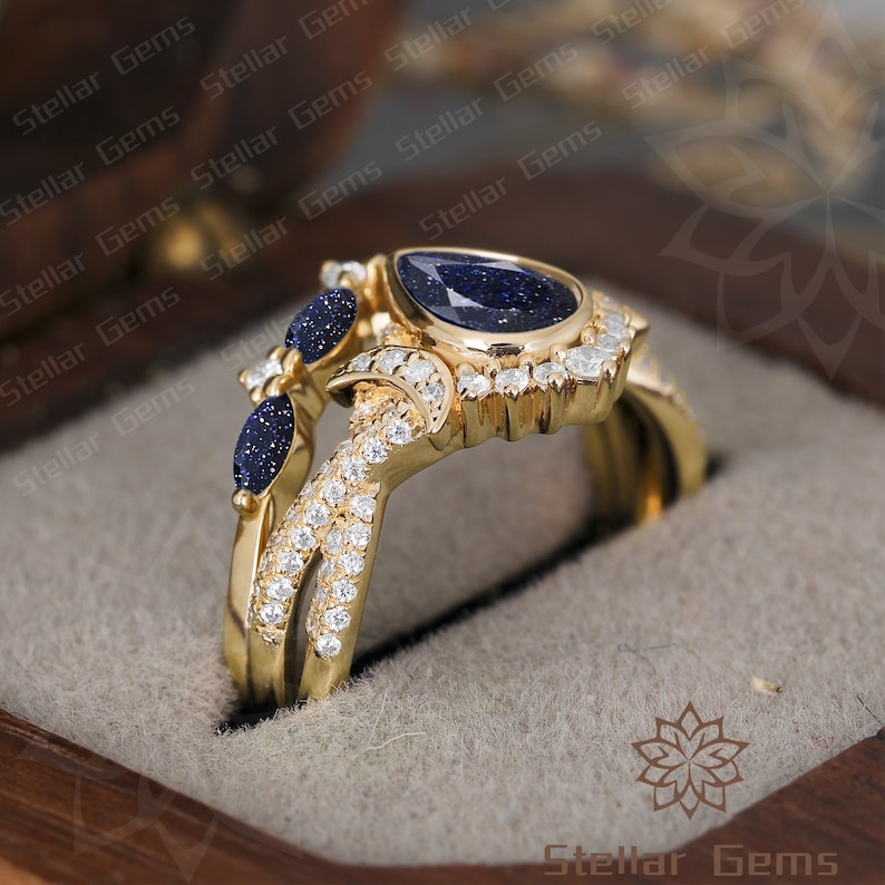 Galaxy Sandstone Ring Pear Blue Sandstone 10K Solid Gold Bridal Ring Nebula Ring Set Moon Moissanite Engagement Ring Unique Promise Ring Set image 3