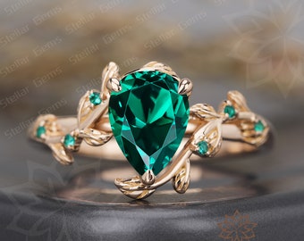 10K solid gold Pear Lab Created Emerald Engagement Ring Dainty Nature Inspired Twig Ring Gift For Women Unique Moissanite anniversary Ring