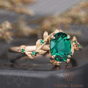 Vintage Lab Created Emerald 10K Rose Gold Engagement Ring Art Deco Nature Inspired Leaf Wedding Ring Gift For Women Promise Moissanite Ring