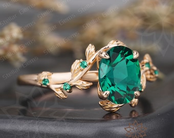 Vintage Lab Created Emerald 10K Rose Gold Engagement Ring Art Deco Nature Inspired Leaf Wedding Ring Gift For Women Promise Moissanite Ring