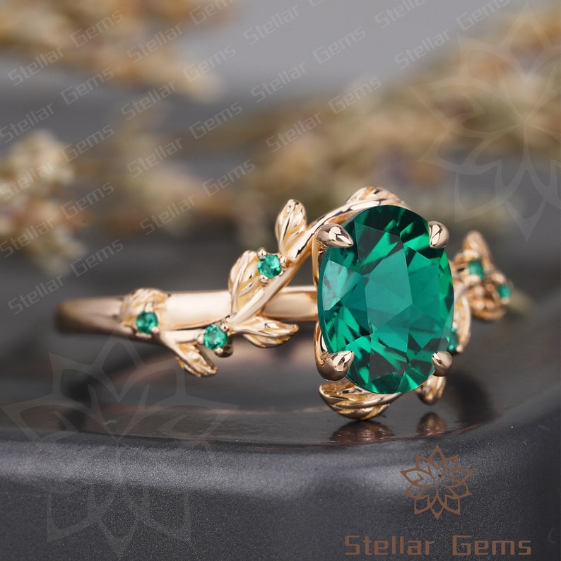 Vintage Lab Created Emerald 10K Rose Gold Engagement Ring Art Deco Nature Inspired Leaf Wedding Ring Gift For Women Promise Moissanite Ring image 1