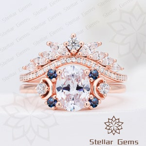 Oval Cut Moissanite Engagement Ring Set Lab Created Alexandrite Bridal Ring Set Art Deco Ring Set Unique Wedding Ring Set Gift For Her