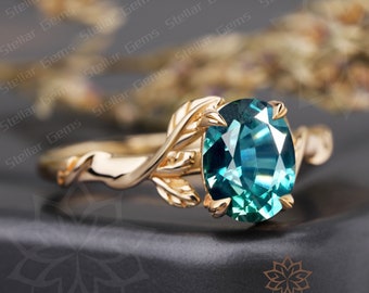 Dainty 1.5CT Lab Created Teal Sapphire S925 Sterling Silver Engagement Ring Art Deco Twig Ring Nature Inspired Leaf Ring Anniversary Ring