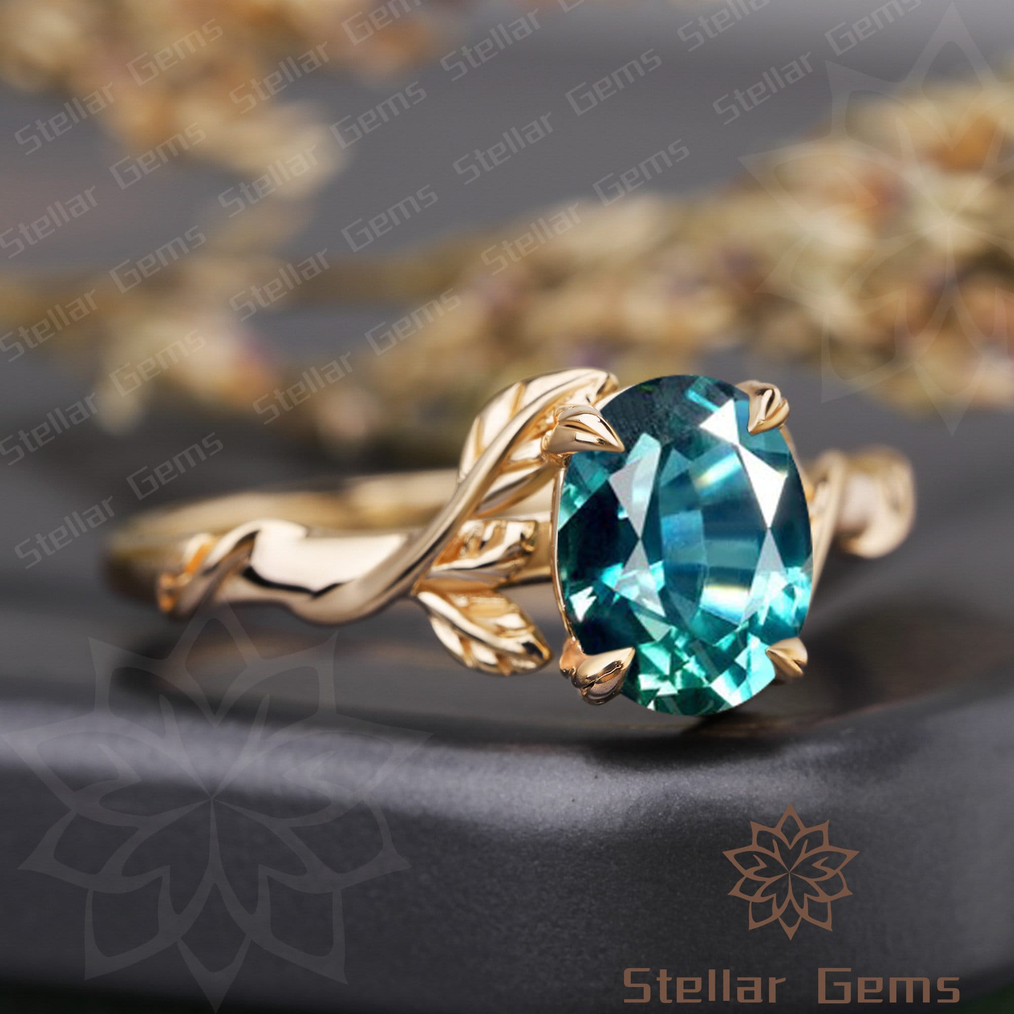 Dainty 1.5CT Lab Created Teal Sapphire 925 Silver Engagement Ring Art Deco yellow gold Twig Ring Nature Inspired Leaf Ring Anniversary Ring