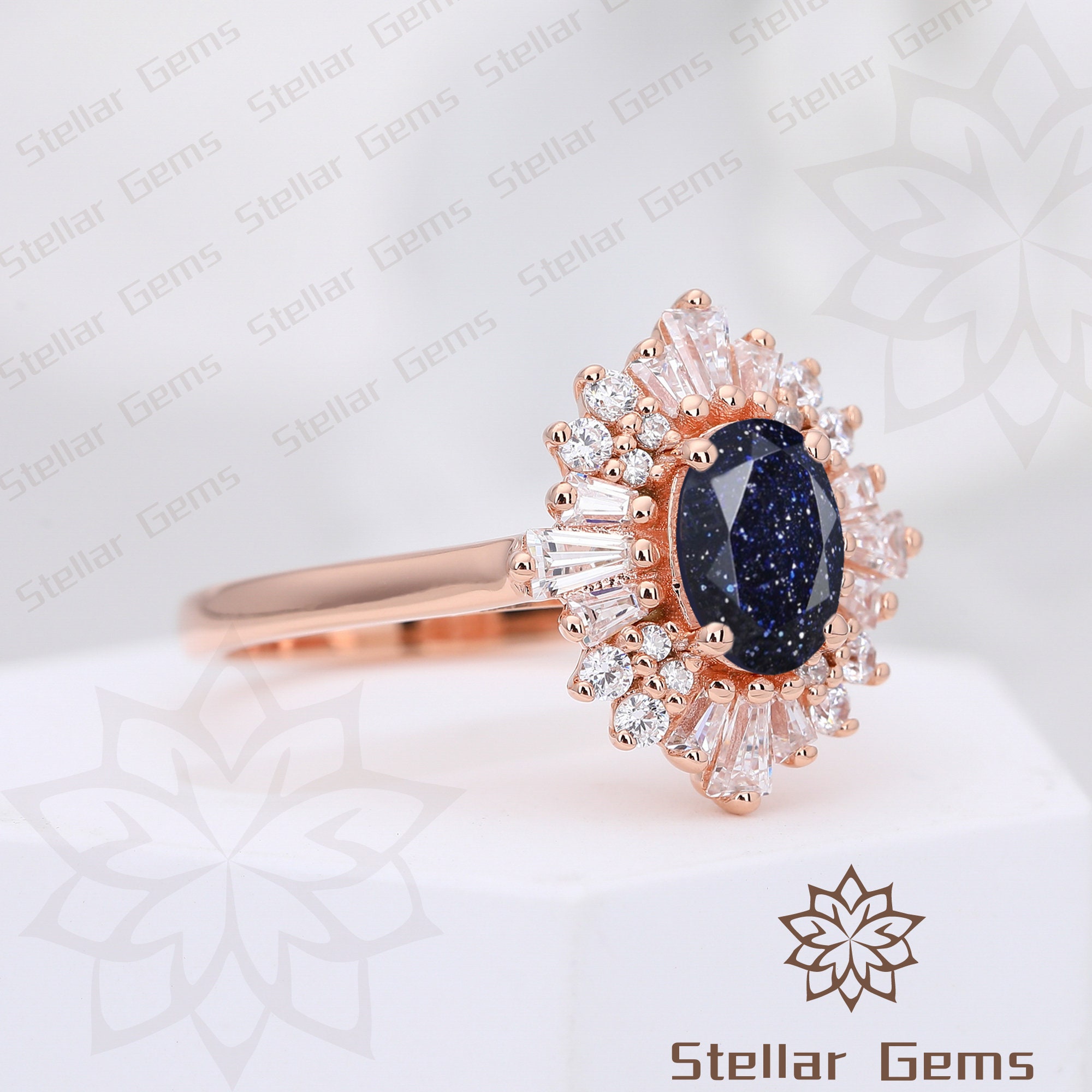 Oval Cut Blue Sandstone 14K Rose Gold Engagement Ring Vintage Exquisite ...