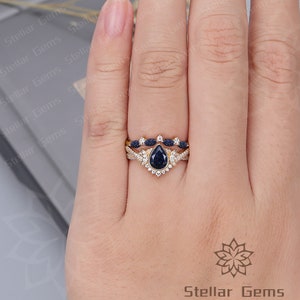 Galaxy Sandstone Ring Pear Blue Sandstone 10K Solid Gold Bridal Ring Nebula Ring Set Moon Moissanite Engagement Ring Unique Promise Ring Set image 6