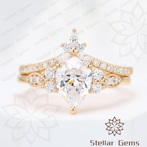 Pear Moissanite 10K Yellow Gold Engagement Ring Handmade Art Deco cluster moissanite Promise Wedding bands For Her Unique Anniversary Ring