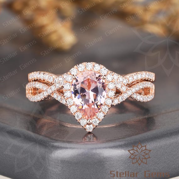 Teardrop ring Pear Lab Created Morganite 14K Rose Gold Engagement Ring Unique Round Moissanite Anniversary Bridal Ring Pink gemstone Ring