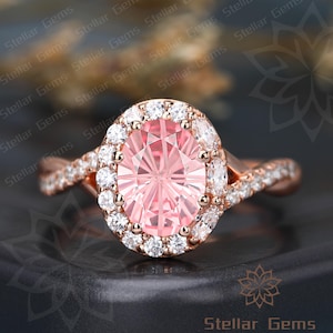Firework Oval Lab Grown Pink Sapphire Engagement Ring 10K Rose Gold Moissanite Anniversary Wedding Bands Twisted Bridal Ring Gift For women
