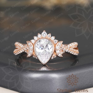 Peer geslepen Moissanite 14K roségouden verlovingsring sierlijke ronde Moissanite maan ring twist band ring vintage cluster jubileum ring voor haar