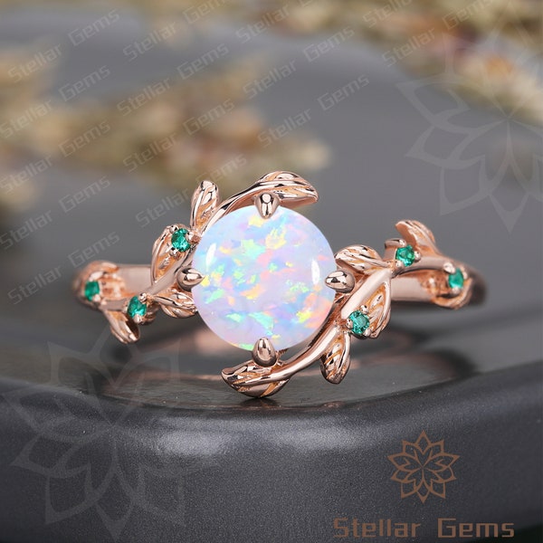 Unique Round Lab Created Opal Engagement Ring Art Deco Nature Inspired Ring Emerald Twig Leaf Ring Promise Anniversary Bridal Ring For Her