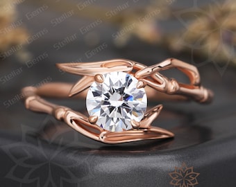 Round Cut Moissanite Engagement Ring 925 Sterling Silver Dainty Promise Anniversary Ring For Her Unique Bamboo Ring Nature Inspired Ring