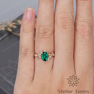 Vintage Lab Created Emerald 10K Rose Gold Engagement Ring Art Deco Nature Inspired Leaf Wedding Ring Gift For Women Promise Moissanite Ring image 6
